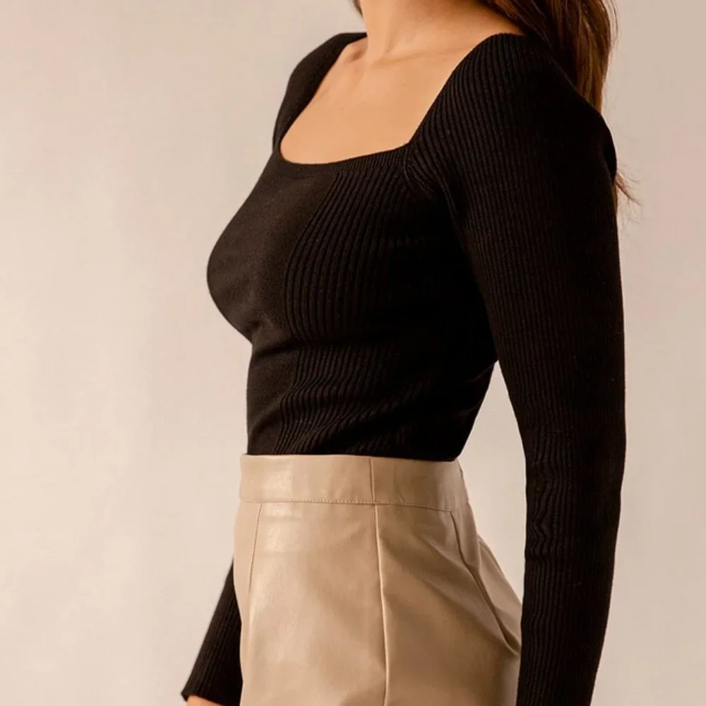 LULUS - Black Ribbed Square Neck Sweater Top - Womens - Size S - Picture 3 of 8